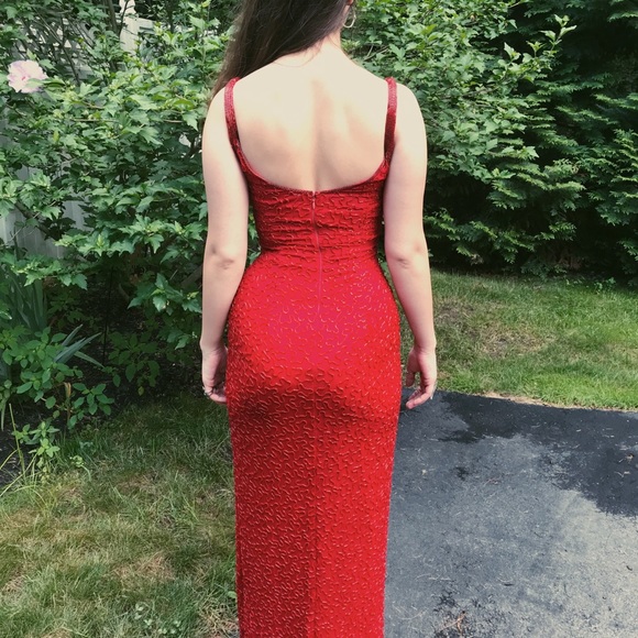 Fully Beaded Red Prom Gown - Picture 4 of 4